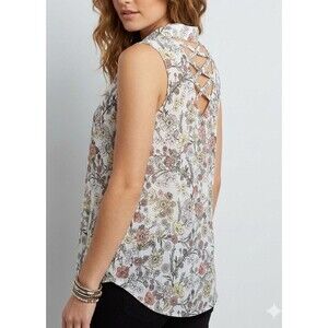 Emaline Small Floral Blouse Strappy Criss Cross Back Sleeveless Button Front Top